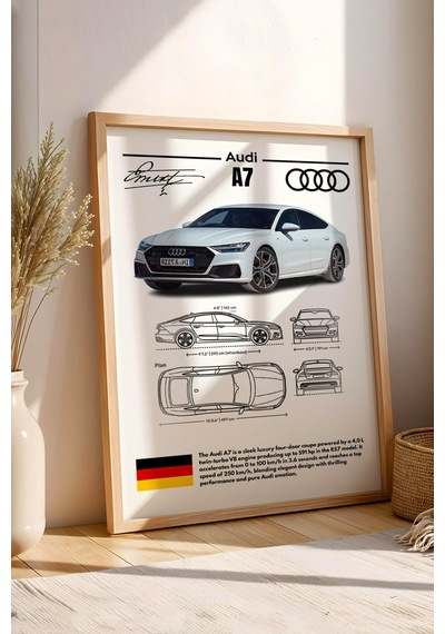 Audi A7 Tablo - Teknik Özellikli Alman Sportback Poster - Çerçeveli Duvar Dekoru - Araba Blueprint Kayın