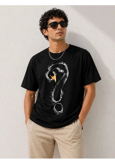 Defymoda Erkek Kuğu Figürlü Soru İşareti Baskılı Tişört Kısa Kol T-shirt - Siyah