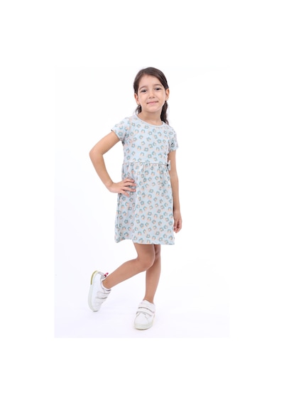 Toontoy Kız Çocuk Bel Kurdela Detaylı Komple Baskılı Elbise Yeşil