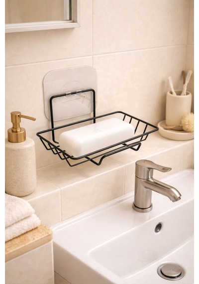 Karteya Yapışkanlı Dekoratif Sabunluk Banyo Düzenleyici Banyo Askı Aksesuar Sabunluk Siyah
