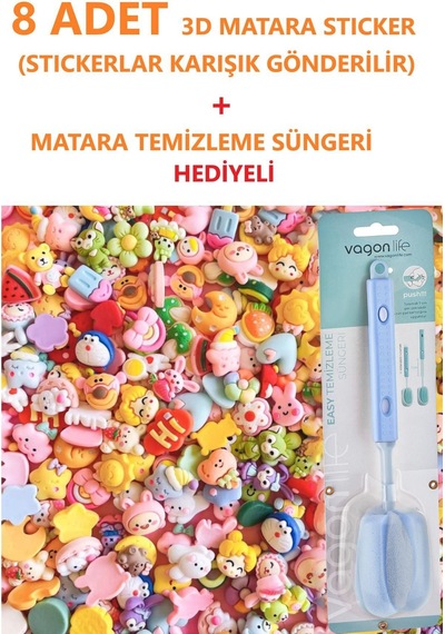 8 Adet 3d Matara Stickerı+ Matara Temizleme Süngeri Hediyeli 001