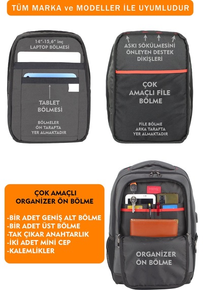 14"-15,6" İnç Körüklü Gri Laptop Sırt Çantası Unisex Su Geçirmez Kumaş Gri