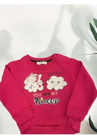 Zekids Kız Bebek Dady Yazılı Bulut Baskılı Pamuklu Sweat-14461 Fusya