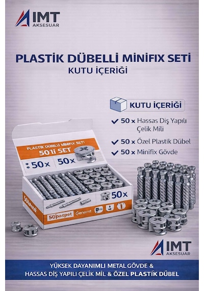 İmt Aksesuar Plastik Dübelli Minifix Gövde Mil Ve Dübel Seti - Mobilya Bağlantı Elemanı 20 Parça Metalik