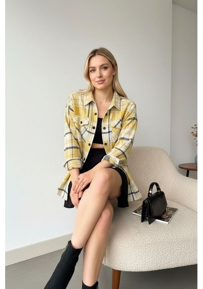 Mamayaga Kadın Desen Bloklu Oduncu Oversize Bol Ve Geniş Kalıp Casual Cepli Yakalı Ceket Gömlek Açık Sarı