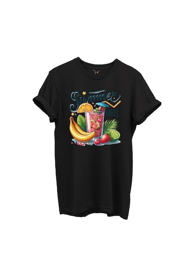 Summer Vibes Yazılı Meyve Kokteyli Ve Tropik Desenli %100 Pamuk Regular Fit Unisex T-shirt Siyah