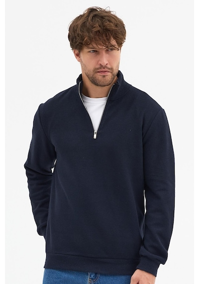 Mmetalic Erkek Lacivert Standart Fit Normal Kesim Pamuklu Yarım Fermuarlı Dik Yaka Pamuklu Sweatshirt Lacivert
