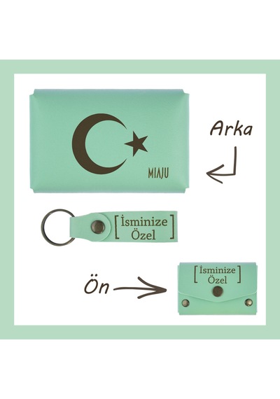 Miaju Açık Yeşil, Ayyıldız Desenli, İsmine Özel Kişisel Cüzdan Ve Anahtarlık Set, Kıymetli Arkadaşa Hediye Açık Yeşil