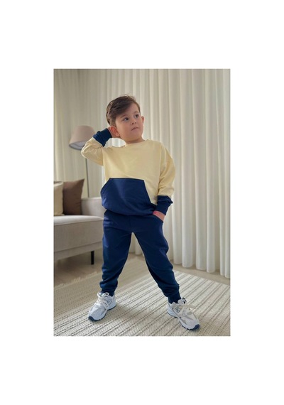 Jeliboomkidswear Erkek Çocuk 3-10 Yaş 2 İplik Likralı Günlük Eşofman Takımı Lacivert- Ekru