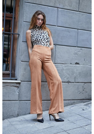 JUMENT Palazzo Yüksek Bel Ön Dikişli Bol Paça Hafif Likralı Süet Kumaş Pantolon-camel