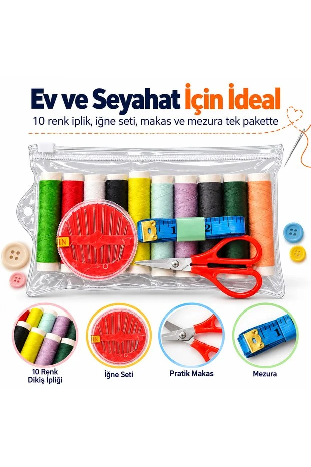 Şeffaf Fermuarlı Dikiş Seti 10 Renk İplik İğne Makas Mezura Seyahat Seti