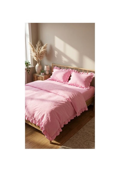 4 Parça Lastikli Çarşaflı Pamuklu Kumaş Fırfırlı Çift Kişilik Nevresim Takımı Pembe - 725706345 Pembe