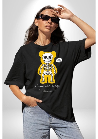 Mutlu Ol Pamuklu Bisiklet Yaka Unisex Oversize Boyfriend Dijital Baskılı Siyah T-shirt Siyah