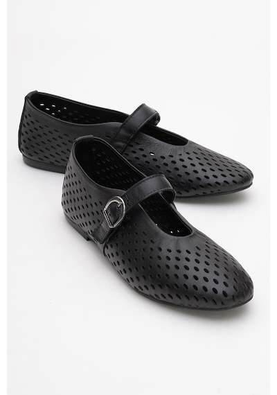 Luvishoes Arian Siyah Cilt Hakiki Deri Delikli Kadın Babet Ayakkabı Siyah