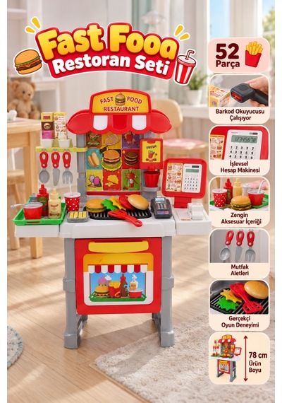 Hamburger Restoranı 52 Parça Gerçek Hesap Makineli 78 Cm Sesli Işıklı Barkod Okuyuculu Oyuncak Seti