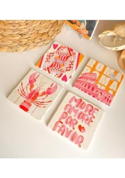 Modern Art Tasarımlı Bardak Altlığı Roma, Pembe Ve Turuncu Kolezyum, İskambil Ve Motto Temalı 1