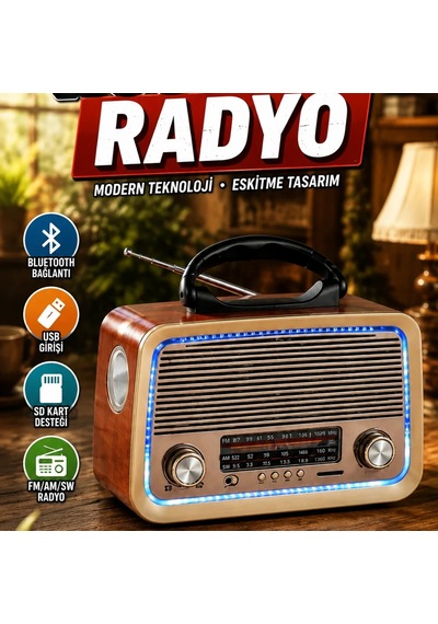 Nostalji Bluetooth Radyo Fm Am Sw Ahşap Eskitme Tasarımlı Led Aydınlatmalı
