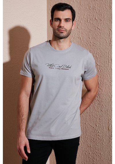 Buratti Pamuklu Slim Fit Bisiklet Yaka Yazılı Erkek T Shirt 541Enjoy Açık Gri