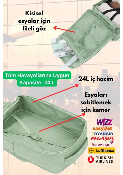 Jet Turtle Seyahat Sırt Çantası 40cm 40x25x15 Cm Pegasus, Wizz Air, Ryanair, El Valizi Koltuk Altı Valizi Yeşil