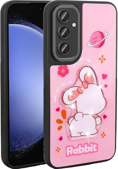 Galaxy Uyumlu A54 Kılıf Parlayan Kabartmalı İkonik Figürlü Amas Silikon Kapak - Pem Pembe Pembe