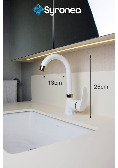 Mat Beyaz Kısa Nano Teknoloji Banyo Lavabo Bataryası Altın Desenli Musluk Beyaz