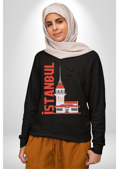 İstanbul Kız Kulesi Türkiye Unisex Siyah Sweatshirt Siyah