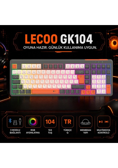 Lecoo GK104 3 Modlu Kablosuz RGB 104 Tuş Membran Türkçe Q Gaming Oyuncu Klavyesi