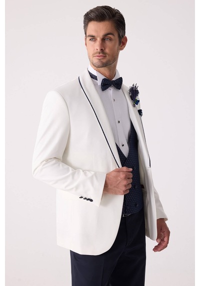 Ysf Erkek Krem Slim Fit Mono Yaka Yelekli Damatlık