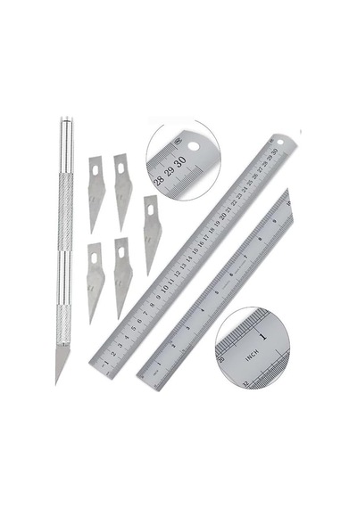 Artlantis Çelik Cetvel 30 Cm Ve Kretuar Bıçağı 5 Yedek Bıcaklı 1 Adet Paslanmaz Çelik Metal Çetvel 30 Santimetr Genel