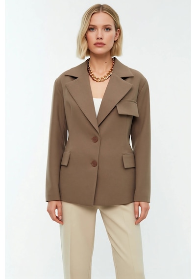 Benerly Kadın Oversize Ceket Yaka Uzun Kol Düz Desenli Blazer Ceket Fonks Vizon