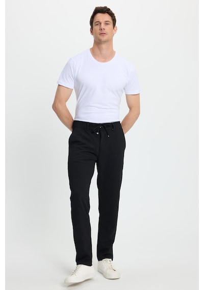 Tudors Erkek Slim Fit Dar Kesim Beli Lastikli Bağcık Detaylı Siyah Pantolon-41665 Siyah