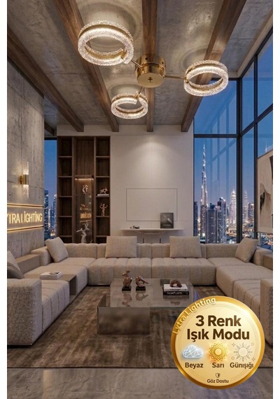 Aurea Model 3'lü Gold 3 Renk Modu Ledli Tavana Sıfır Salon Mutfak Çocuk Yatak Odası Led Avize Altın