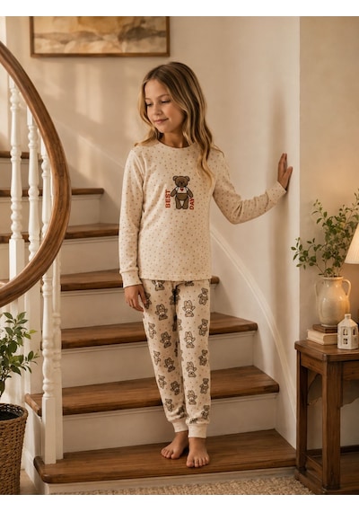 Tarık Ayı Best Nakışlı Waffle Kumaş Kız Pijama Takımı 11-16 Yaş -ta6763320 - Krem