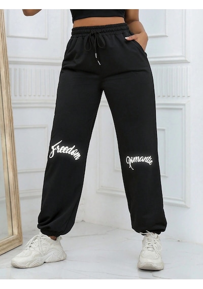 Unity Reflective Letter Graphic Drawstring Waist 4 Mevsim Eşofman Siyah