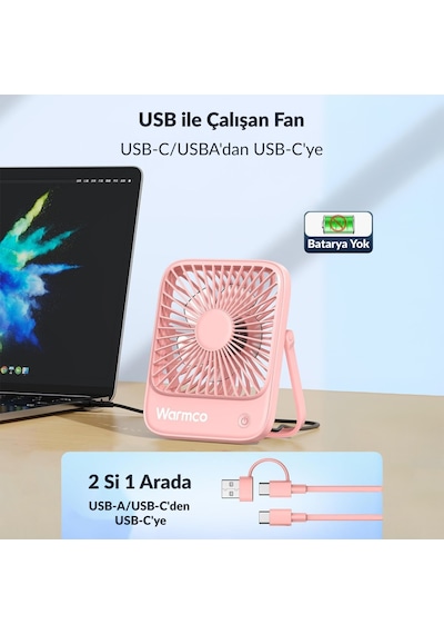 Warmco D1 Masaüstü Vantilatör Usb Ve Type-c Bağlantılı Taşınabilir Ultra İnce Soğutucu Fan Pembe