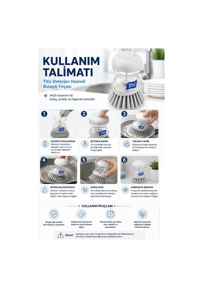 Titiz Deterjan Hazneli Bulaşık Fırçası, Basmalı Sıvı Deterjan Hazneli Mutfak Temizlik Fırçası, Ergonomik Tasarım Hijyenik Ve Uzun Ömürlü, Tencere, Tava, Tabak, Çok Amaçlı Temizlik Fırçası