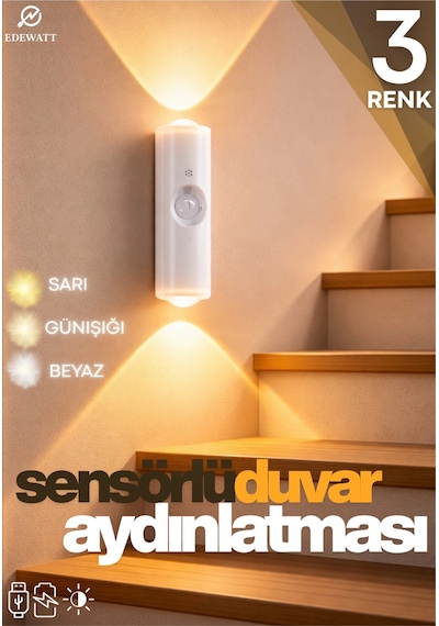 Hareket Sensörlü Usb Şarj Edilebilir Çift Taraflı Üç Renk Led Gece Lambası Dolap İçi Koridor Çok Renkli
