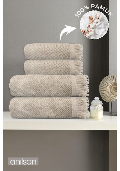 4'lü Bej Jelena Havlu Seti %100 Pamuk - 2 Adet El Havlusu 50x90 Ve 2 Adet Banyo Havlusu 70x140 Bej