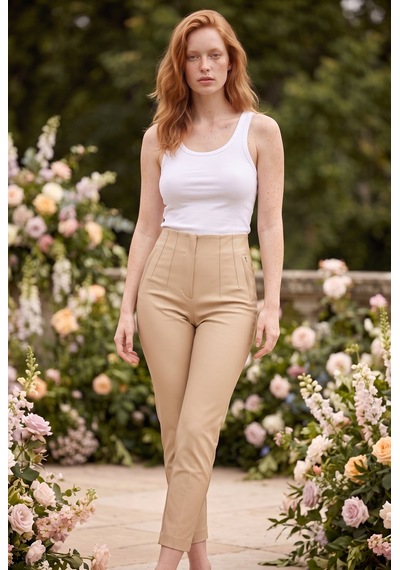 Soulshae Yüksek Bel Dar Kesim Cepli Krep Pantolon Krem