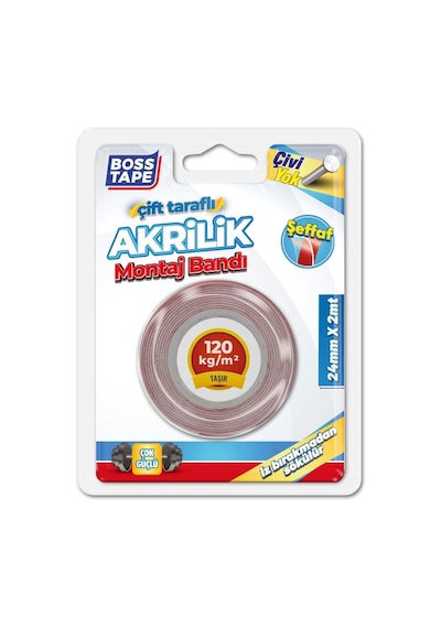Tape Seffaf Çift Tarafli Akrilik Montaj Bandi, 24 Mm X 2 M, Kirmizi