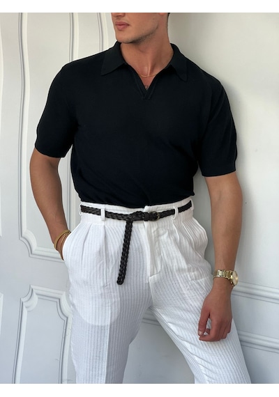 Modefendi Polo Yaka Örme Triko Tshirt Siyah