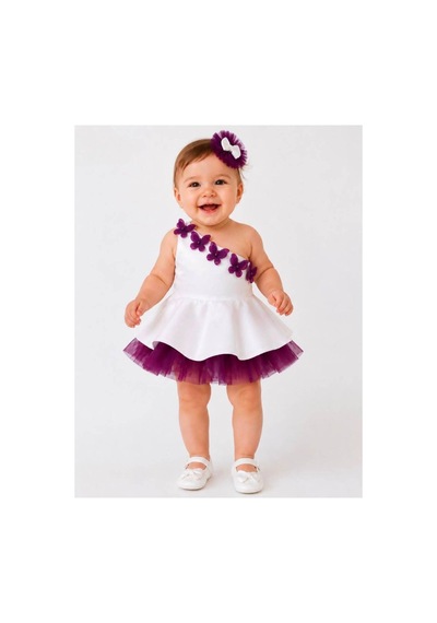 Hayy Baby Kids Wear Mor Kelebek Detaylı Beyaz Tütü Elbise