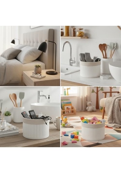 Yuvarlak Bambu Düzenleyici Ve Saklama Sepeti Beyaz Ahşap Çıtalı Banyo, Makyaj Ve Ofis Organizeri, Kumaş Astarlı Çok Amaçlı Dekoratif Kutu 18x13 Cm 000 Açık Krem