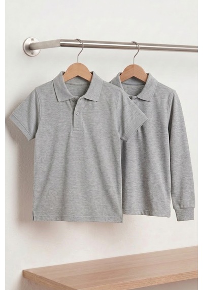 Nacar Store Unisex Çocuk Uzun Ve Kısa Kollu Polo Yaka Okul Tişörtü 2'li Set Gri