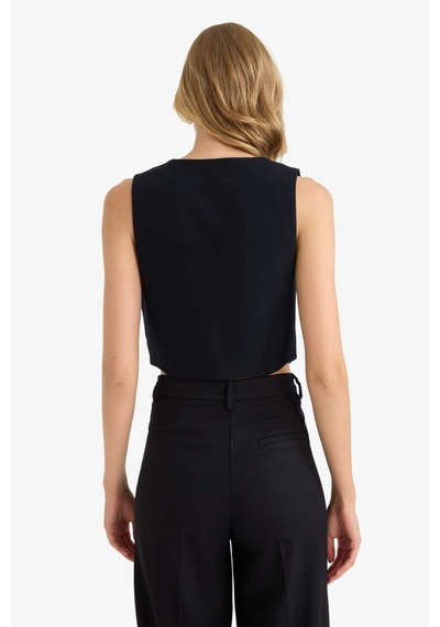 DeFacto Crop V Yaka Keten Karışımlı Blazer Siyah Yelek C7798AX25SMBK81