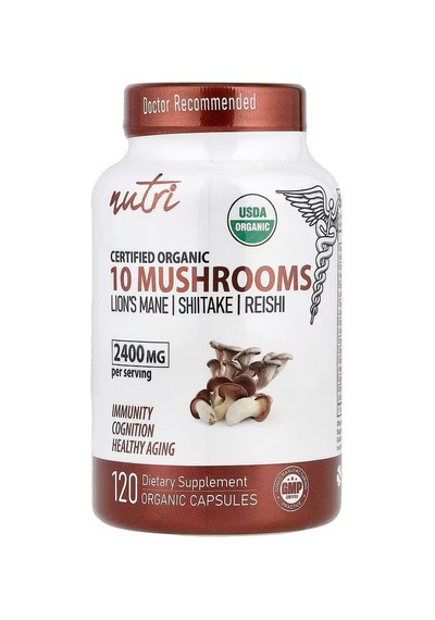 Nutri Organic 10 Mushrooms Lion's Mane , Turkey Tail , Reishi 120 Organic Caps