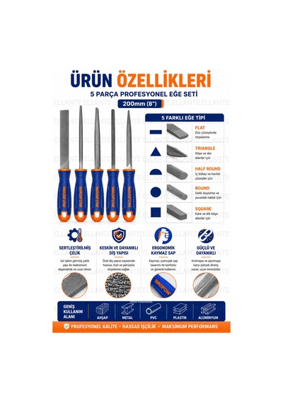 5 Parça Profesyonel Eğe Seti 200 Mm 8" Ergonomik Kaymaz Saplı Sertleştirilmiş Çelik Ahşap Metal Pl