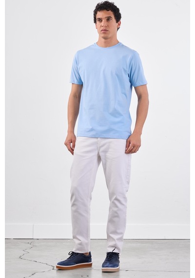 Dufy Açık Mavi Bisiklet Yaka Pamuklu Düz Renk Slim Fit Erkek T-shirt Mavi