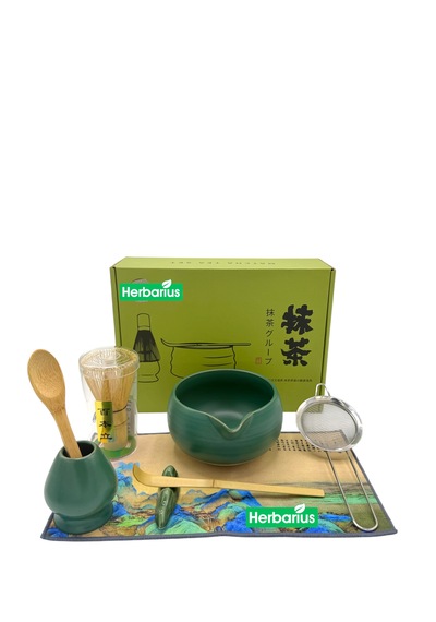 8 Parça Mat Zümrüt Yeşili Krem Tabanlı Renk Matcha Çayı Hazırlama Seti - Geleneksel Japon Matcha Seti