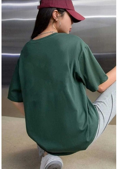 Kozia Outdoors Sevimli Kedi Baskılı Oversize Basic O Yaka Unisex T-shirt Yeşil
